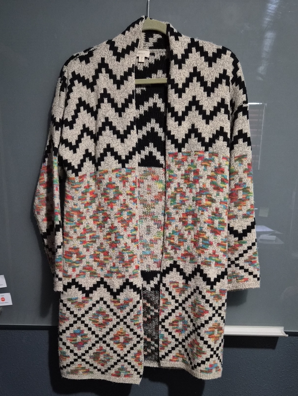 debut Black & Cream Geometric Knit Cardigan with Multicolor Speckle